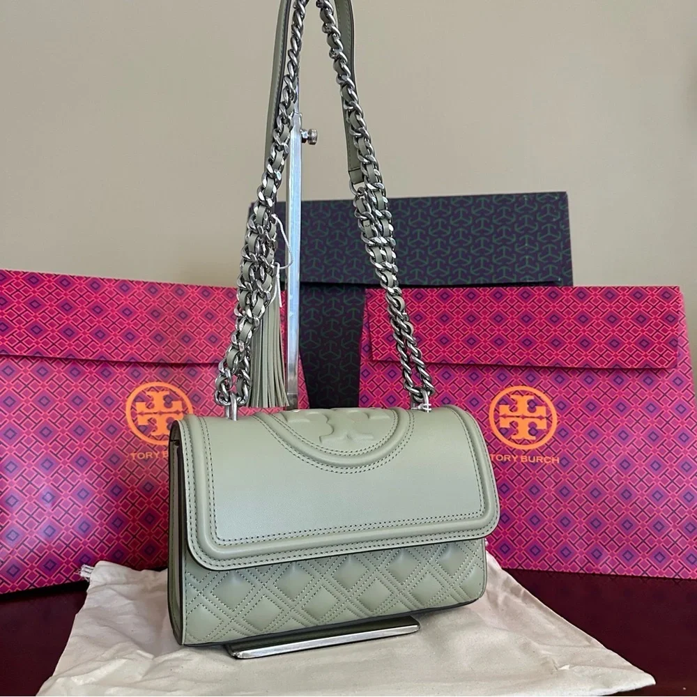 Tory Burch Olive Green Quilted Leather Shoulder Bag with Chain Strap